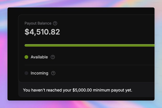 A dark-themed payout balance widget showing $4,510.82 available, with a message indicating the $5,000 minimum payout has not been reached.