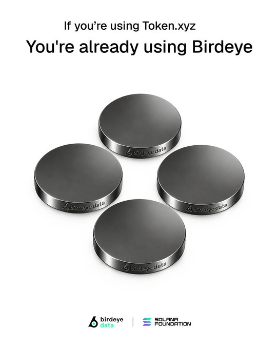 The image shows four metallic circular pucks with the "Birdeye data" logo, accompanied by the text "If you're using Token.xyz, You're already using Birdeye," and logos for Birdeye data and Solana Foundation at the bottom. The visual metaphor of tokens being physically represented by these pucks illustrates how Birdeye's data infrastructure underpins Token.xyz's functionality.