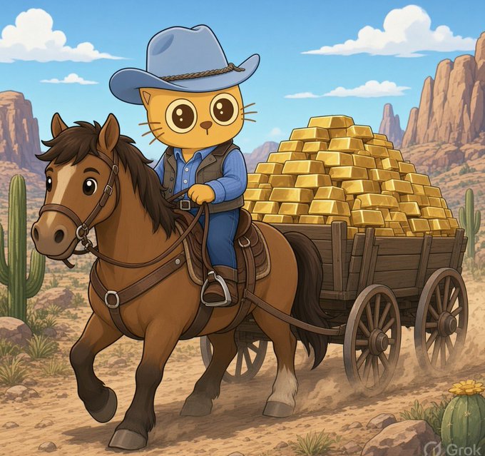 An AI-generated cartoon illustration (watermarked 'Grok') of a yellow cat wearing a blue cowboy hat and vest riding a horse pulling a wooden cart full of gold bars through a desert landscape with cacti and rock formations.