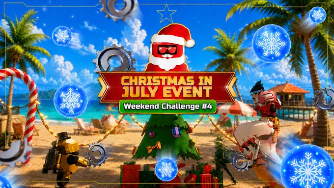 A festive announcement for the "Christmas in July Event - Weekend Challenge #4" features a tropical beach scene decorated with a palm-tree Christmas tree, Santa Claus wearing sunglasses, a gingerbread man, and a gift-bearing robot amid falling snowflakes and horseshoes. The event, running through August 16, 2026, offers a 50% discount on Workshop and Dungeon Modchip costs, challenging players to use 100 Modchips for a reward of 1,000 points per completion.