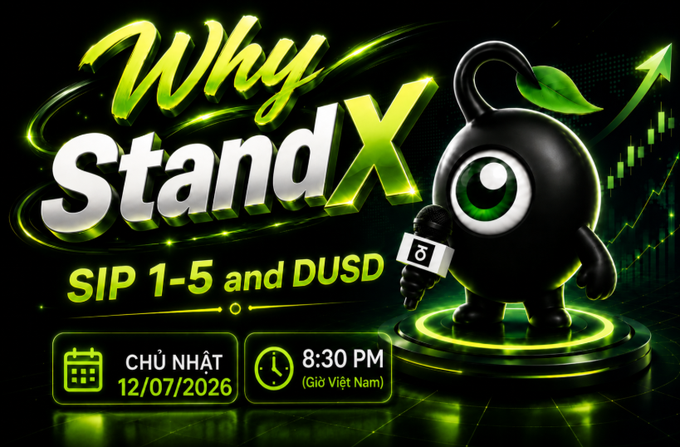 A promotional graphic featuring a black cartoon character mascot with a green eye holding a microphone, with text reading 'Why StandX', 'SIP 1-5 and DUSD', and showing a date of 'CHỦ NHẬT 12/07/2026' at '8:30 PM (Giờ Việt Nam)'.