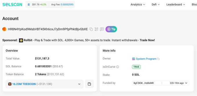 A Solscan account page shows a wallet with a Total Value of $131,187.3, SOL Balance of 0.681003351, and 2 Tokens worth $131,131.62, including 16.23M TOESCOIN.