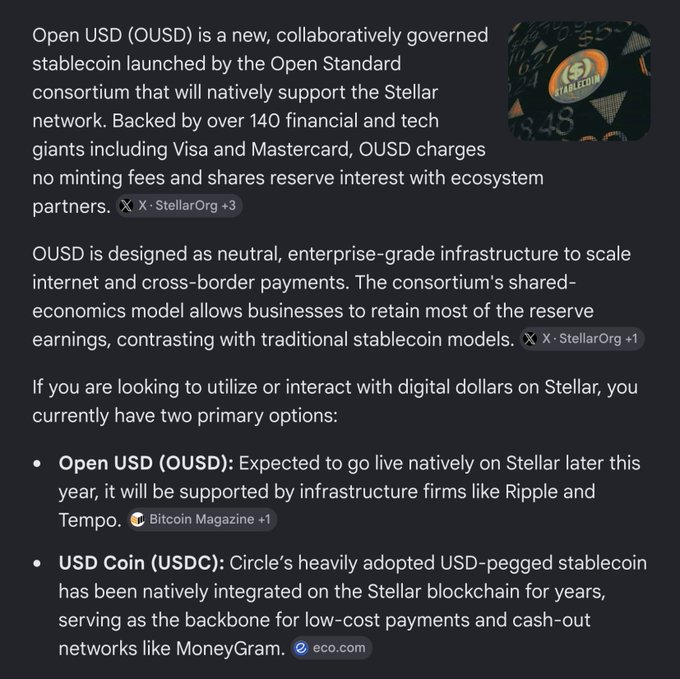 The image highlights Open USD (OUSD), a new stablecoin launching on the Stellar network, which the post also mentions as going "under the radar" and being related to Stellar XLM. The image displays information about OUSD being supported by Visa, Mastercard, and firms like Ripple and Tempo.