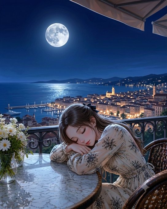 A peaceful anime-style illustration shows a young woman peacefully asleep with her head resting on a marble table on a balcony overlooking a moonlit coastal city with a quaint town below, while a vase of white daisies sits nearby. The serene nighttime scene captures the "good night" sentiment of wishing the Web3 community restful sleep and renewed energy for tomorrow's opportunities.