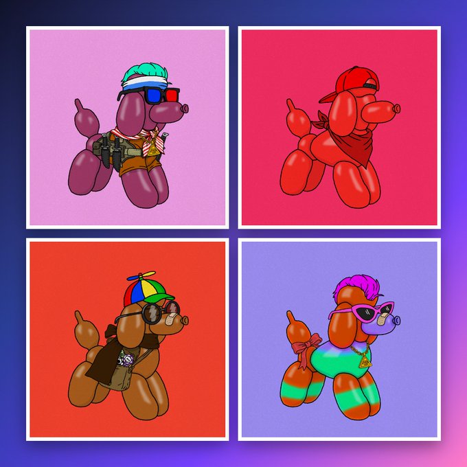 Pop art style illustration displaying four balloon dog characters on colored backgrounds (pink, red, orange, purple), each wearing various accessories like 3D glasses, bandanas, propeller hats, and sunglasses.