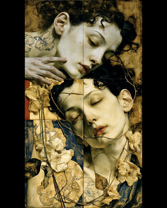 A sepia-toned artwork features two women with closed eyes in a serene pose, their faces divided by vertical lines resembling tiles, while dried flowers and vines weave through the composition.
