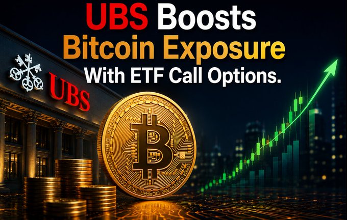 The image is a promotional graphic announcing "UBS Boosts Bitcoin Exposure With ETF Call Options," featuring the UBS bank logo, a golden Bitcoin coin, and an upward-trending candlestick chart, visually reinforcing the accompanying Vietnamese post about UBS dramatically increasing its Bitcoin ETF call options exposure by 24 times overnight.