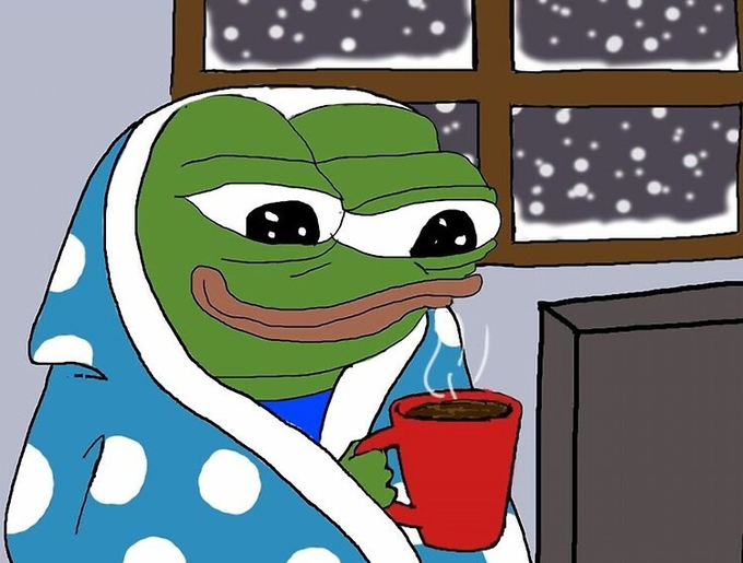 A meme-style illustration of Pepe the Frog in a blue polka-dot robe, sleepily holding a steaming red mug while looking out a snowy window.