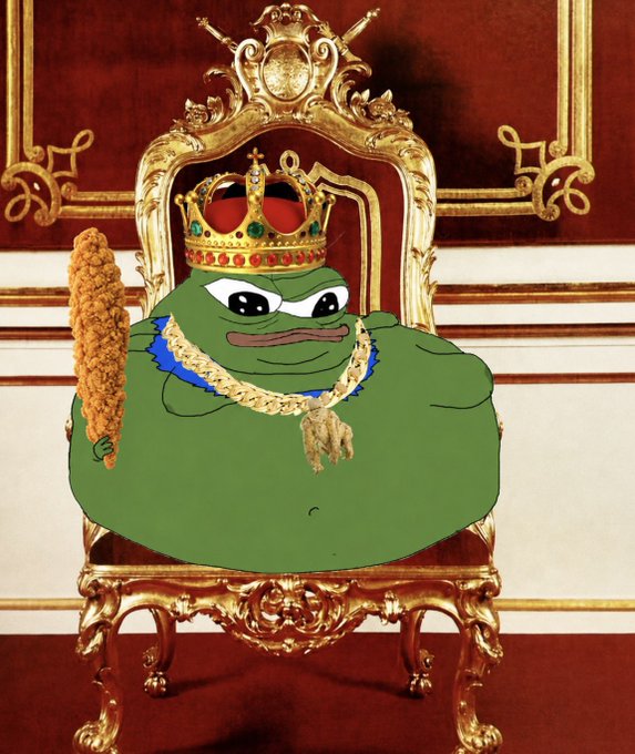A digital artwork featuring Pepe the Frog wearing a gold crown, gold chain, and blue fur, sitting on an ornate golden throne while holding a fried chicken drumstick.