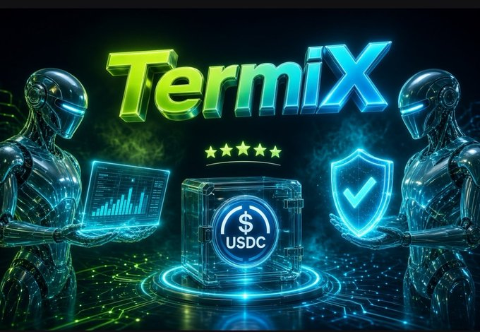 A futuristic neon advertisement features two metallic robots flanking a glowing 'TermiX' logo above a transparent vault containing a 'USDC' coin symbol and a blue security shield, with one robot holding a holographic chart.