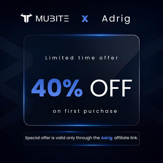 A promotional graphic advertises a '40% OFF' limited time offer on first purchase through the MUBITE x Adrig affiliate partnership.