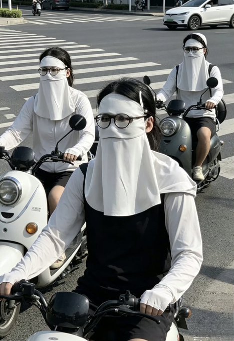 Three women wearing white face coverings, glasses, and black-and-white outfits ride scooters at a crosswalk in an urban setting.