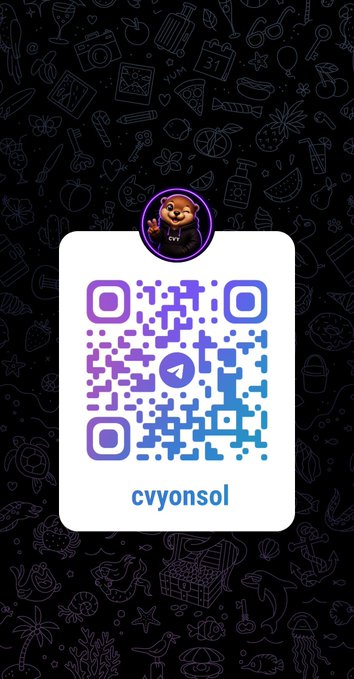 A Telegram QR code for the user 'cvyonsol' featuring a cartoon character profile picture with a colorful doodle background.