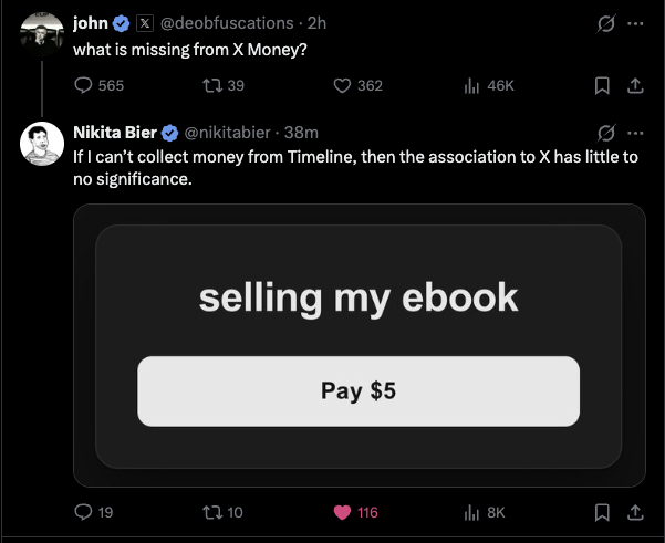 A screenshot of an X/Twitter thread where John (@deobfuscations) asks "what is missing from X Money?" and Nikita Bier (@nikitabier) replies "If I can't collect money from Timeline, then the association to X has little to no significance."