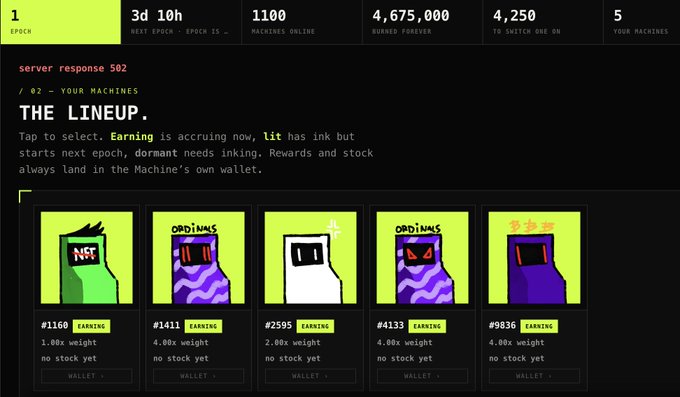 A game dashboard interface showing '1 EPOCH', '3d 10h NEXT EPOCH', '1100 MACHINES ONLINE', '4,675,000 BURNED FOREVER', '4,250 TO SWITCH ONE ON', and '5 YOUR MACHINES', with a section titled 'THE LINEUP' displaying five 'EARNING' machine cards.