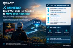 WebBTC informational graphic titled 'MINERS: Don't Wait Until the Deadline to Move Your Hashrate!' featuring a miner overlooking mountains.
