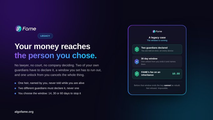 Fame Legacy digital inheritance service webpage with the tagline 'Your money reaches the person you chose,' explaining a legacy case where two guardians declare it, with a 30-day window option.