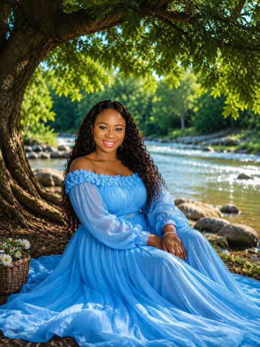 A woman in a flowing blue off-shoulder gown poses gracefully under a tree beside a river, with a basket of daisies nearby. The image appears unrelated to the post about Web3 and AI verification at @TheARCTERMINAL, as it shows a portrait rather than any tech-related content.