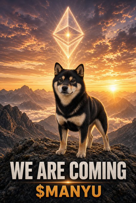 A stylized poster featuring a Shiba Inu dog standing on a mountain peak under a sunset sky, with an Ethereum logo glowing above and the text "WE ARE COMING $MANYU" at the bottom.