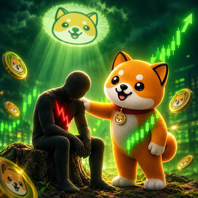 A stylized digital artwork featuring a sad figure with a glowing red lightning bolt on its chest sitting on a log, comforted by a large orange and white Shiba Inu dog, set against a green background with rising charts and floating Doge coins.