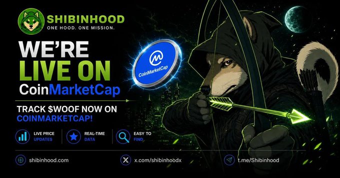 A promotional graphic for 'SHIBINHOOD' featuring a Shiba Inu dog dressed as an archer, advertising 'WE'RE LIVE ON CoinMarketCap' with social media links for shibinhoodx.