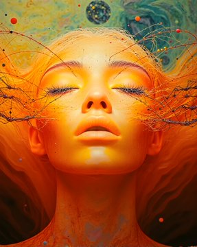 A woman with closed eyes and flowing golden-orange hair gazes serenely upward, her face bathed in warm sunset tones while cosmic webs and swirling planetary patterns radiate outward from her mind, evoking the "Psychedelic Web" collection's theme of inner portals and consciousness. No text or numbers are visible in the image itself.