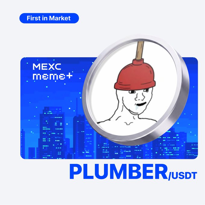 A promotional graphic for the cryptocurrency token PLUMBER/USDT being launched on MEXC Meme+, featuring a Wojak-style character wearing a red plumber's cap.