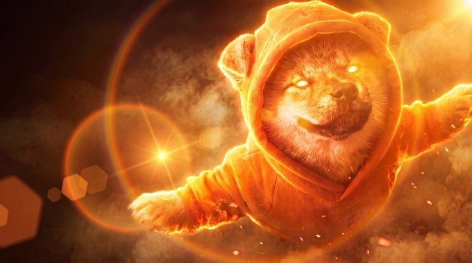 A dramatic digital artwork featuring an anthropomorphic Shiba Inu dog wearing a glowing orange hoodie, radiating intense sunlight with lens flares in a fiery, cosmic setting.
