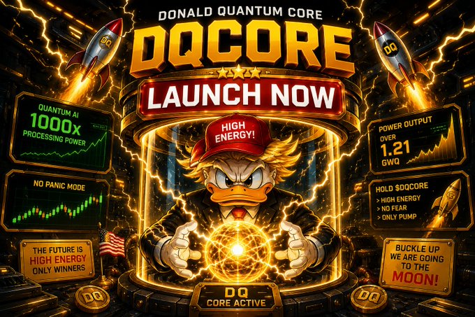 A vibrant digital poster/advertisement titled 'DONALD QUANTUM CORE' and 'DQCORE' with a 'LAUNCH NOW' button, featuring a Donald Duck-like cartoon character in a 'HIGH ENERGY!' red cap holding a glowing quantum core, surrounded by rocket ships and panels reading 'QUANTUM AI 1000x PROCESSING POWER,' 'NO PANIC MODE,' 'THE FUTURE IS HIGH ENERGY ONLY WINNERS,' 'POWER OUTPUT OVER 1.21 GWQ,' 'HOLD $QDCORE > HIGH ENERGY > NO FEAR > ONLY PUMP,' and 'BUCKLE UP WE ARE GOING TO THE MOON!'.