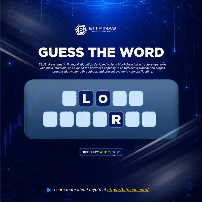 A Bitpinas cryptocurrency word puzzle game titled 'GUESS THE WORD' reveals the letters 'L O' and 'R' with a clue about funding blockchain infrastructure operators.
