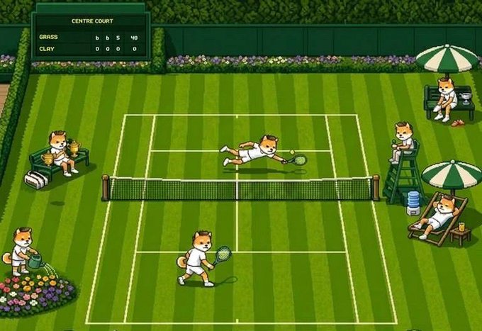 Pixel art illustration of cats playing tennis on a grass center court (Grassi vs. Clay 0-0, 15-40) with a Wimbledon-style scoreboard.