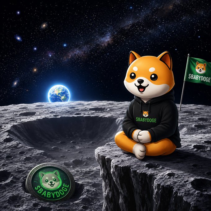 A cartoon Shiba Inu dog wearing a black '$BABYDOGE' hoodie sits on the moon with Earth and stars in the background, accompanied by a '$BABYDOGE' flag and a matching coin.
