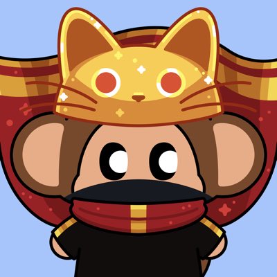 The image features a cartoon character wearing a cat-themed hat with gold stars and a red scarf, giving off a playful and whimsical vibe. The caption below the image reads "#NewProfilePic to celebrate this absolute grail of a Chimp I managed to snag." This suggests that someone has posted an image featuring a cute and unique cartoon character, possibly as part of a social media post or personal project.