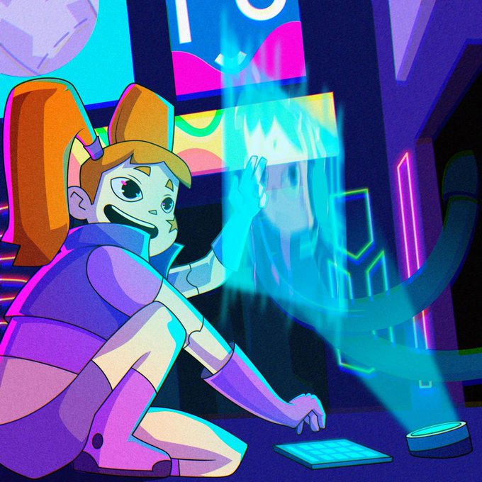 An anime-style illustration of a girl with orange hair and cybernetic features in a neon-lit cyberpunk setting, touching a glowing blue holographic projection of another character above a small keyboard.
