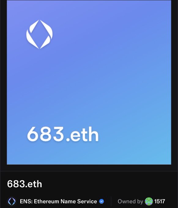 An Ethereum Name Service (ENS) digital asset displaying the domain '683.eth' on a blue gradient background, marked as owned by a verified account.