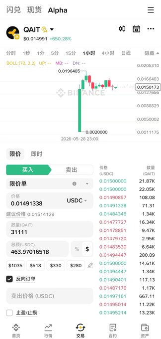 The image shows a smartphone screen displaying a trading app called Binance Alpha Airdrop. The app has a green arrow pointing towards the "Binance Alpha" section of the app. The app also provides information about the current value of Bitcoin, as well as details on how to participate in an Alpha Trading Competition. The post mentions that there is a huge one and that it's currently worth 460U, highest 600U 3000 shares, and is worth 2x.