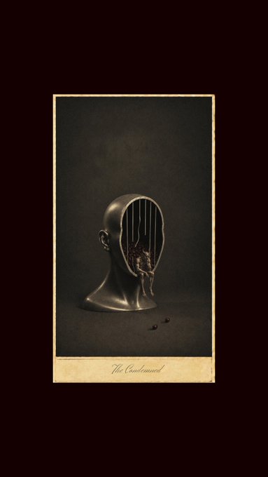 A surreal artwork titled 'The Condemned' showing a metallic bust with the top of the head open like a cage, with melted material flowing out.