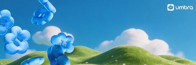 The image features a blue sky with fluffy white clouds against a green hillside. There are several blue balloons floating around the scene, adding a playful touch to the overall atmosphere. The text "@UmbraPrivacy wallet" can be seen near the bottom of the image, indicating that it is related to the post about using the @Umbra Privacy wallet instead of other wallets like Phantom or Solflare.