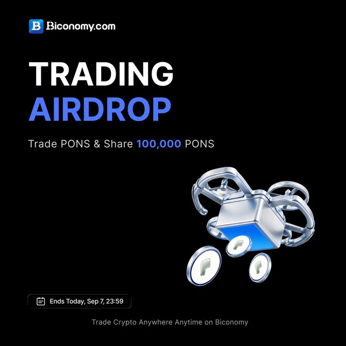 A Biconomy.com promotional graphic advertising a "TRADING AIRDROP" event offering 100,000 PONS tokens, featuring a 3D drone-like device, with text "Ends Today, Sep 7, 23:59".