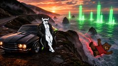 An illustrated scene depicts a woman in a white dress standing near a black car on a rocky shore at sunset, looking toward another figure lying on the ground near green glowing lights.