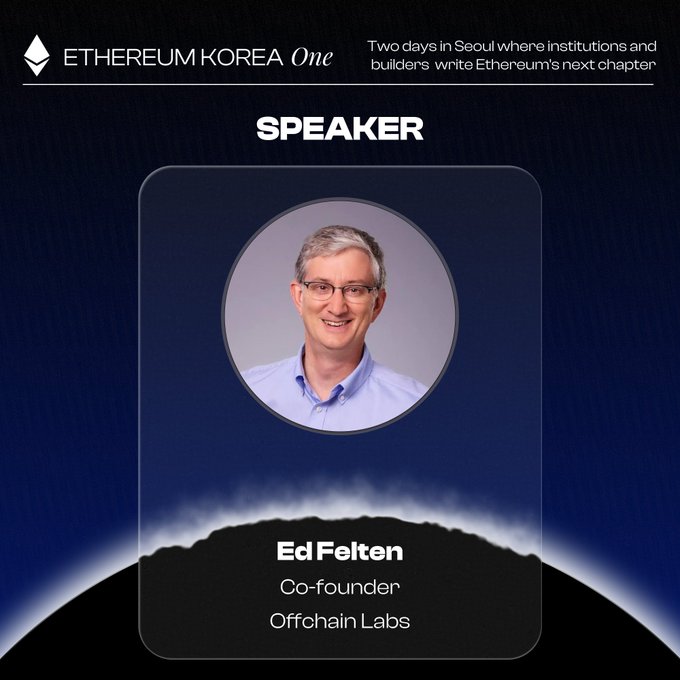 A speaker card for "Ethereum Korea One" featuring a headshot of Ed Felten, Co-founder of Offchain Labs, noting the event is "Two days in Seoul where institutions and builders write Ethereum's next chapter."