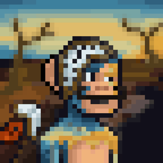 A pixel art style illustration showing a person with light hair wearing blue and orange clothing against a warm-toned background.