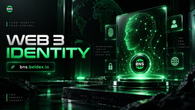 A digital advertisement features the text "WEB 3 IDENTITY" alongside "bns.beldex.io", with floating icons for fingerprints, locks, and profiles surrounding a glowing green wireframe head.