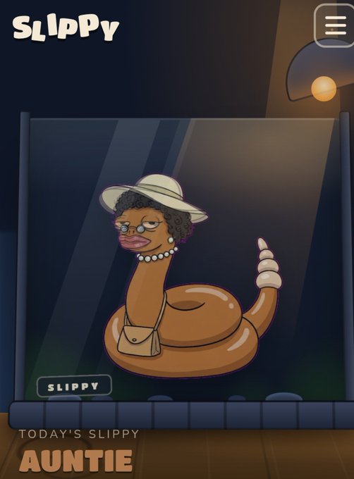 A mobile game screen showing a cartoon character labeled 'SLIPPY' titled 'TODAY'S SLIPPY AUNTIE,' depicting a worm-like figure with a hat, glasses, pearl necklace, and a handbag.