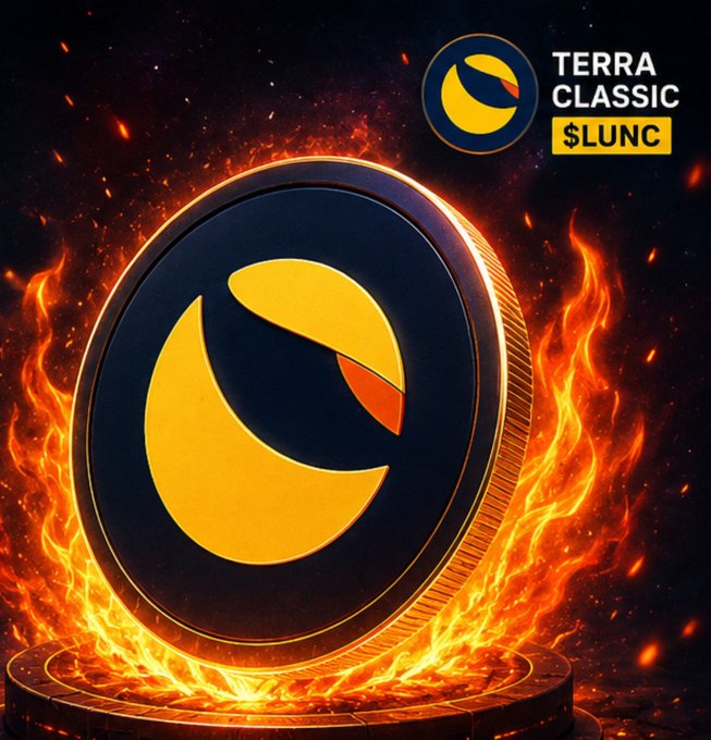 A digital artwork featuring the Terra Classic ($LUNC) cryptocurrency coin displayed prominently against a fiery background with flames and embers.