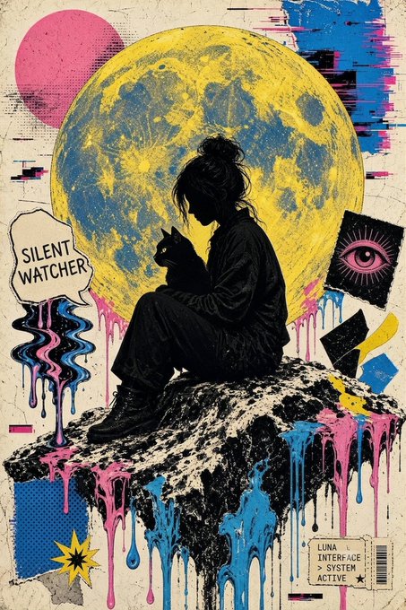 A stylized illustration features a silhouetted figure with a black cat against a large yellow moon, accompanied by grunge-style elements including a speech bubble reading 'SILENT WATCHER' and dripping pink and blue paint effects.