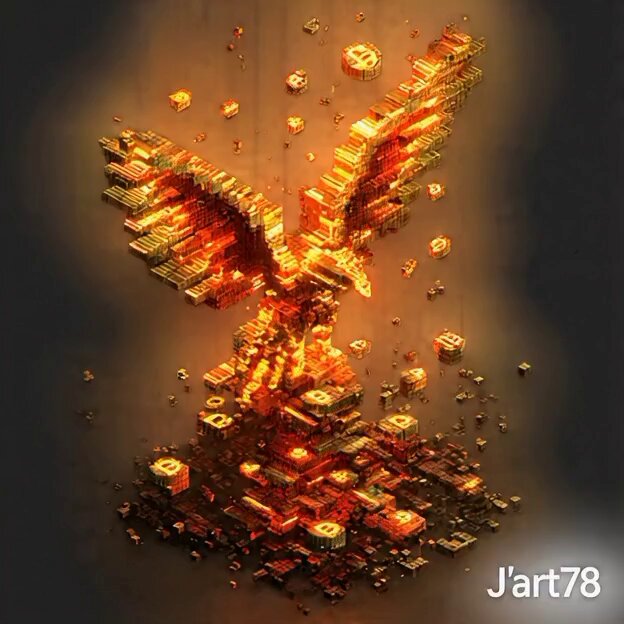 The image features a digital art piece that resembles a phoenix rising from the ashes, composed of numerous small cubes or blocks arranged in a way that gives the impression of a bird taking flight. The background of the image is black, which contrasts with the vibrant colors and intricate details of the phoenix sculpture. The post also includes text that reads "4D PHOENIX: Bitrise Genesis ₿ 1/1 Experimental Pixel Art Rising from the Bitcoin ashes #4DPixelArt #1of1 #Bitcoin #PhoenixNFT".