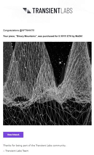 The image features a poster with a picture of mountains, which has been sold for 811 Ether by Moda Lab. The poster is displayed on a website called TransientLabels.com. The text on the poster reads "Congratulations! Your purchase was processed for 811 Ether by Moda Lab".