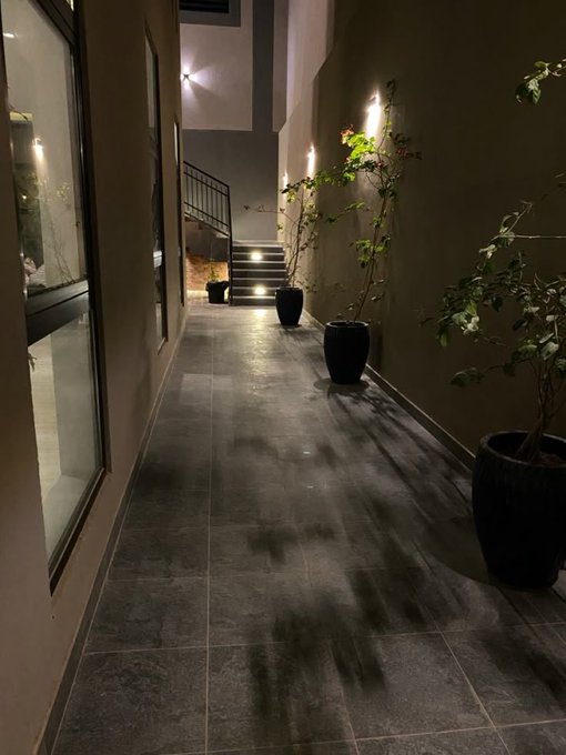 A dimly lit outdoor walkway at night with tiled flooring, potted plants along the wall, and steps leading upward in the background.