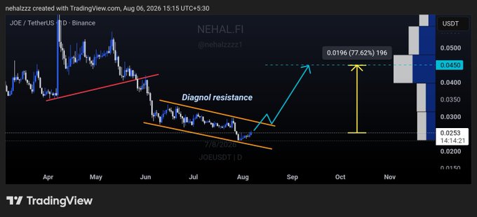 A TradingView chart for JOE/TetherUS (JOEUSDT) on Binance shows the cryptocurrency approaching a diagonal resistance line, with annotations projecting a breakout target of $0.045—a potential 77.62% gain from current levels around $0.0253—aligning with the analyst's bullish outlook shared by @nehalzzzz on August 6, 2026.